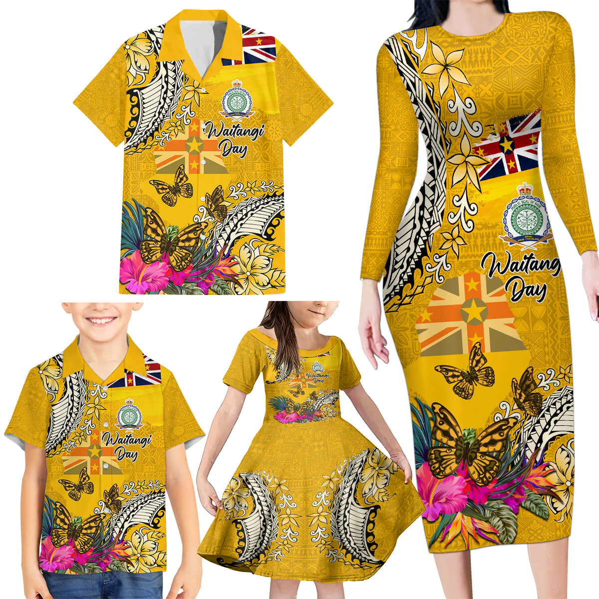 Niue Waitangi Family Matching Long Sleeve Bodycon Dress and Hawaiian Shirt Tropical Flower Tapa Pattern LT03 - Polynesian Pride