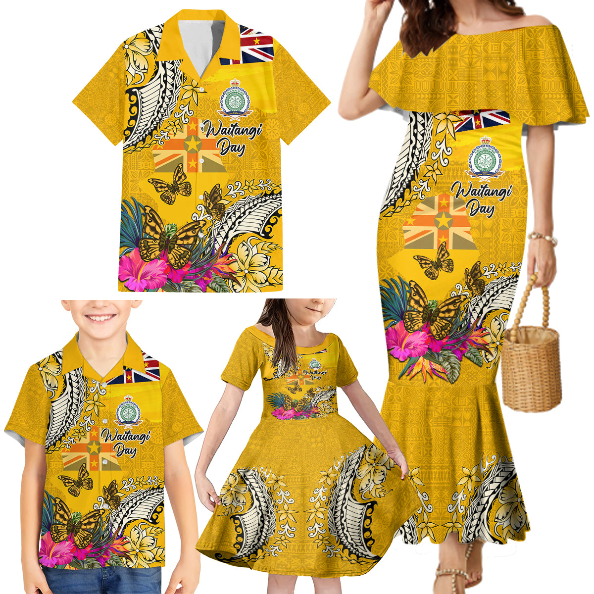 Niue Waitangi Family Matching Mermaid Dress and Hawaiian Shirt Tropical Flower Tapa Pattern LT03 - Polynesian Pride
