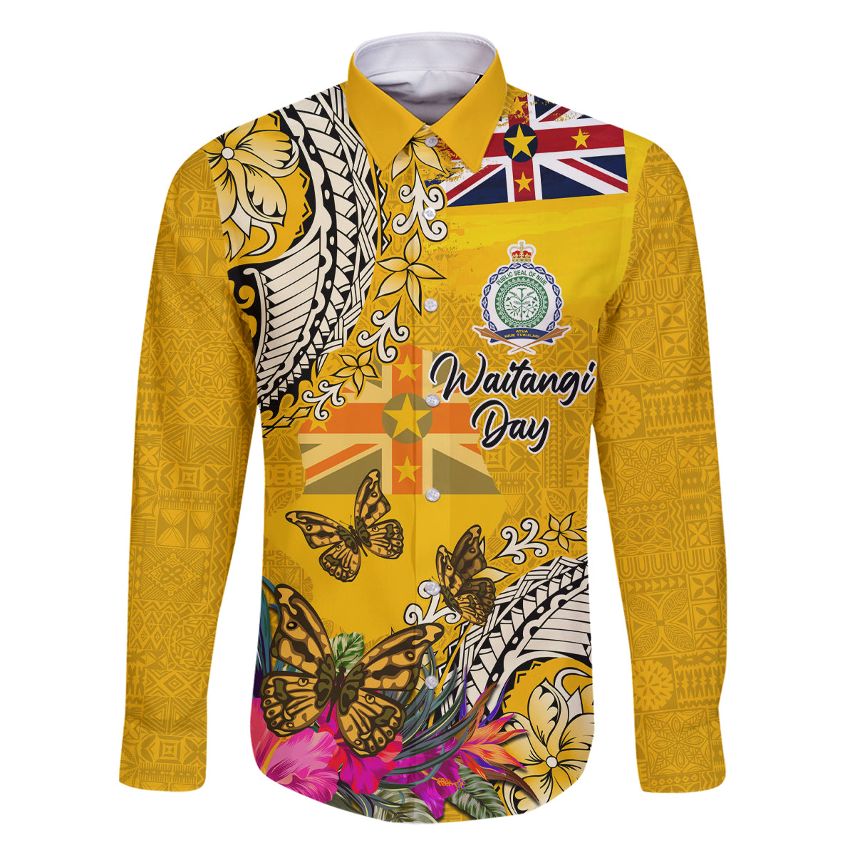 Niue Waitangi Family Matching Off Shoulder Maxi Dress and Hawaiian Shirt Tropical Flower Tapa Pattern LT03 Dad's Shirt - Long Sleeve Yellow - Polynesian Pride