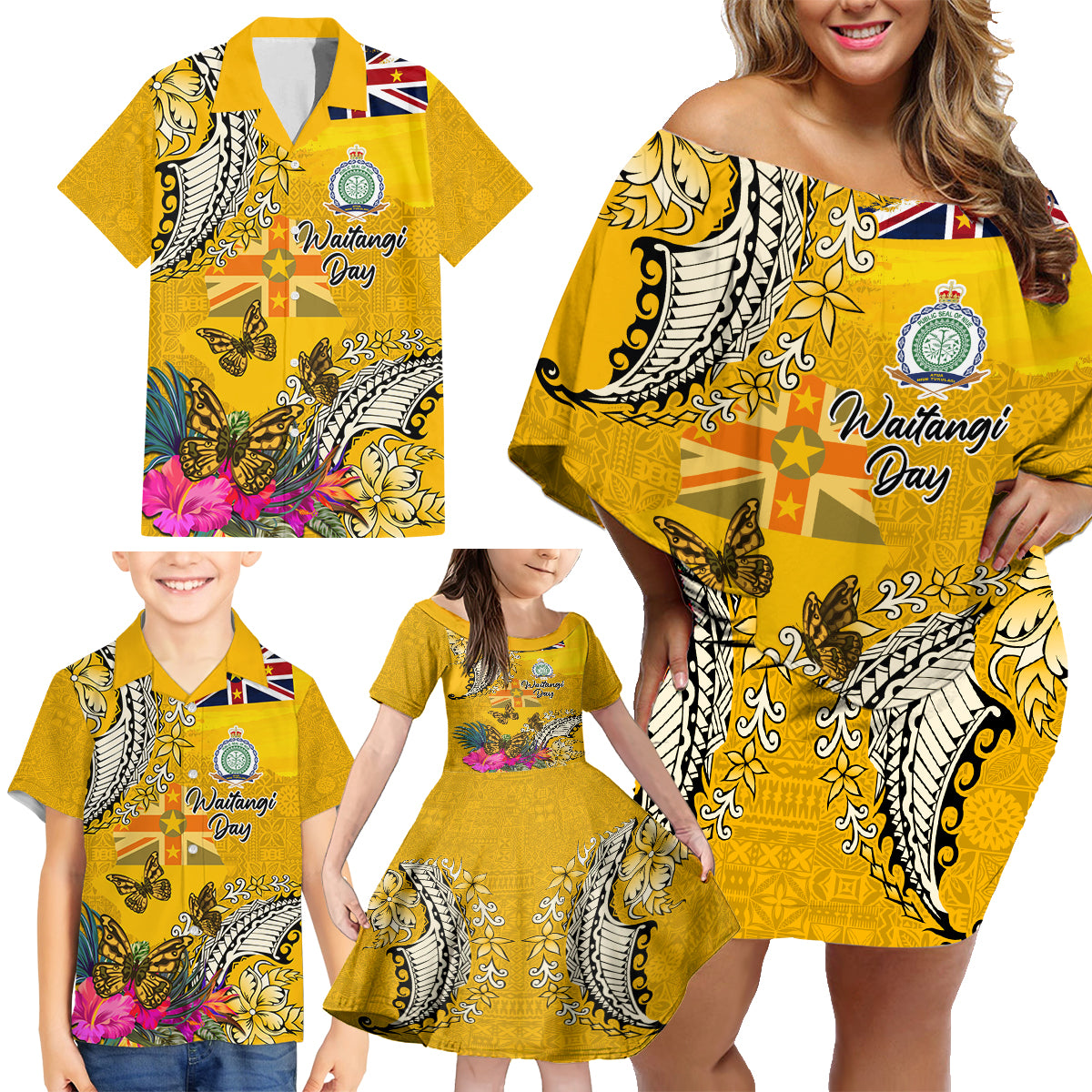 Niue Waitangi Family Matching Off Shoulder Short Dress and Hawaiian Shirt Tropical Flower Tapa Pattern LT03 - Polynesian Pride