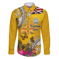Niue Waitangi Family Matching Off Shoulder Short Dress and Hawaiian Shirt Tropical Flower Tapa Pattern LT03 Dad's Shirt - Long Sleeve Yellow - Polynesian Pride