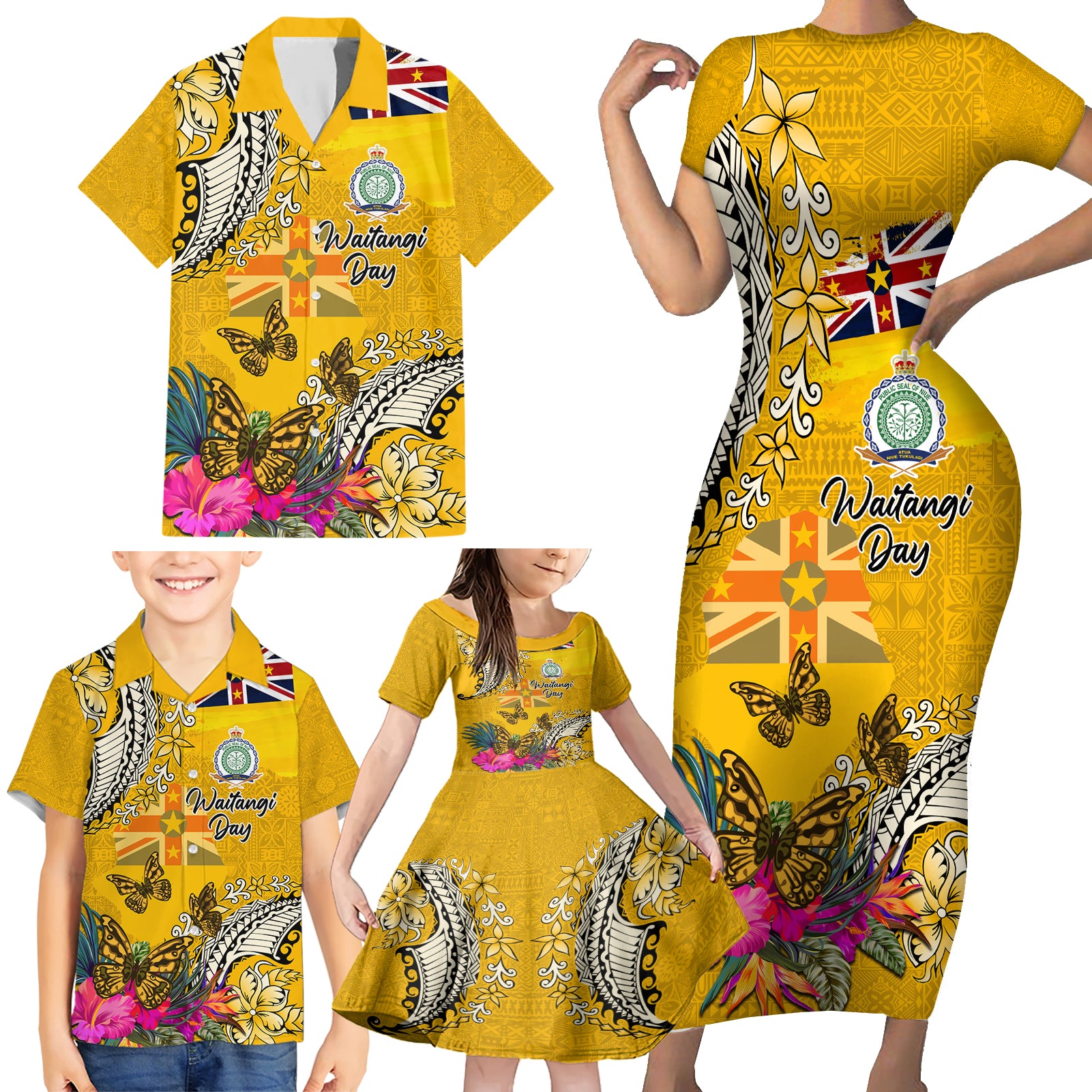 Niue Waitangi Family Matching Short Sleeve Bodycon Dress and Hawaiian Shirt Tropical Flower Tapa Pattern LT03 - Polynesian Pride