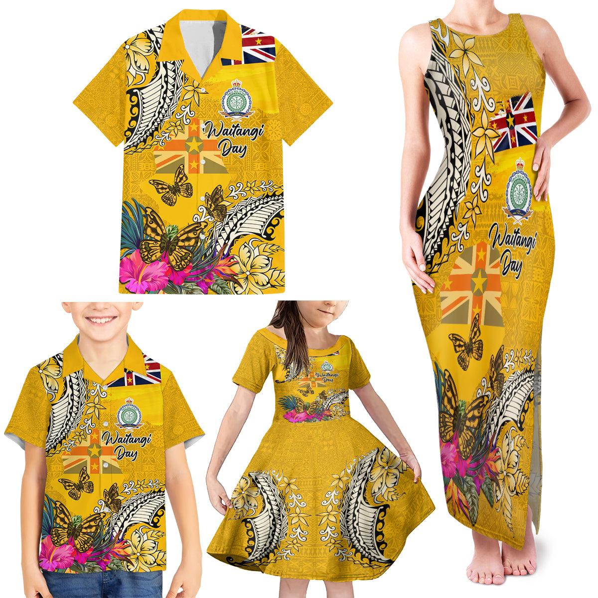 Niue Waitangi Family Matching Tank Maxi Dress and Hawaiian Shirt Tropical Flower Tapa Pattern LT03 - Polynesian Pride