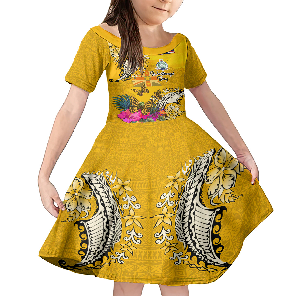 Niue Waitangi Kid Short Sleeve Dress Tropical Flower Tapa Pattern LT03 KID Yellow - Polynesian Pride