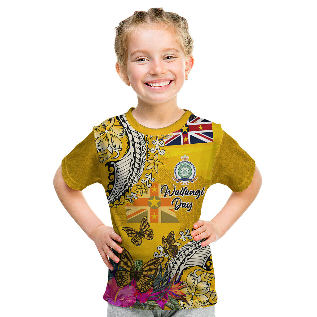 Niue Waitangi Kid T Shirt Tropical Flower Tapa Pattern LT03 Yellow - Polynesian Pride