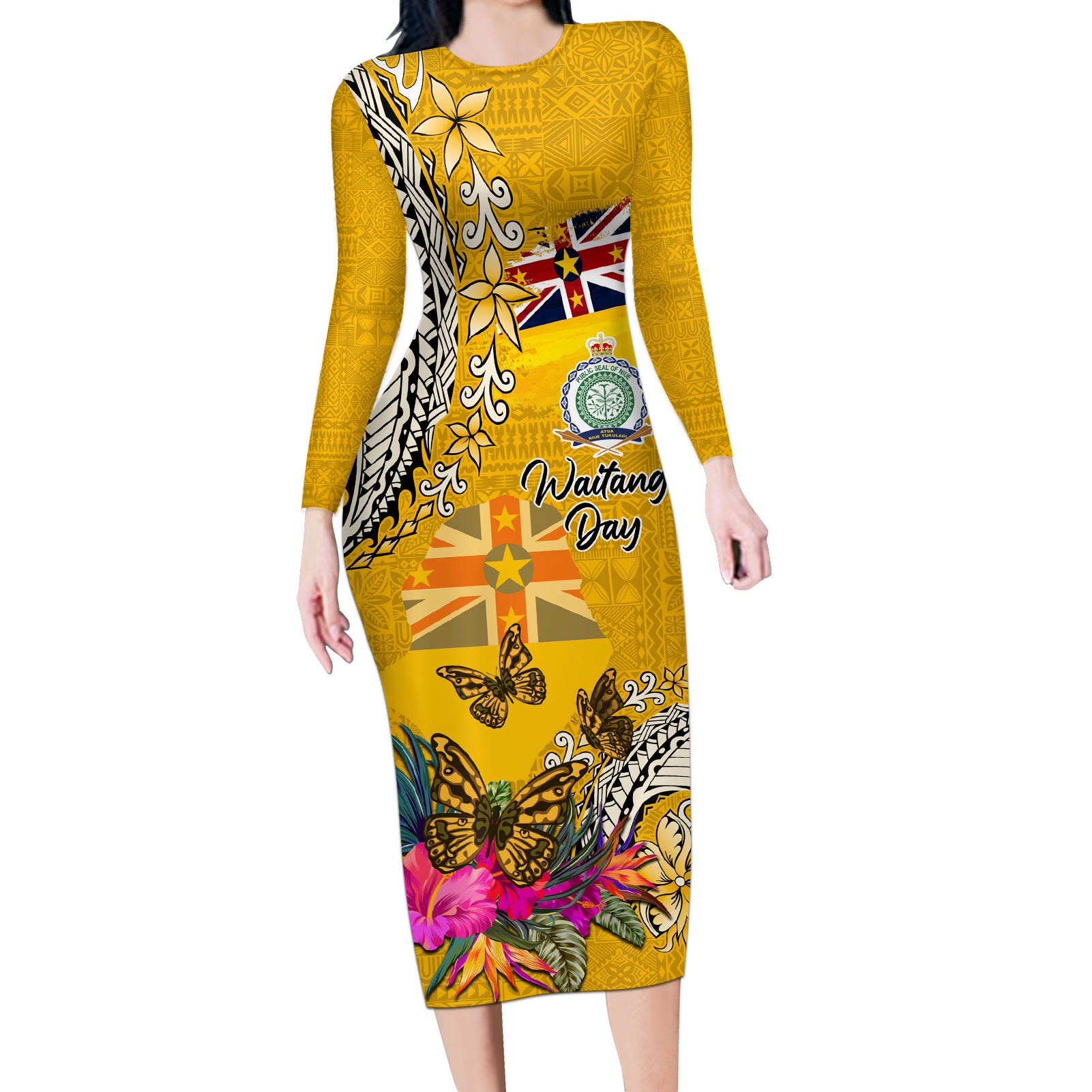 Niue Waitangi Long Sleeve Bodycon Dress Tropical Flower Tapa Pattern LT03 Long Dress Yellow - Polynesian Pride