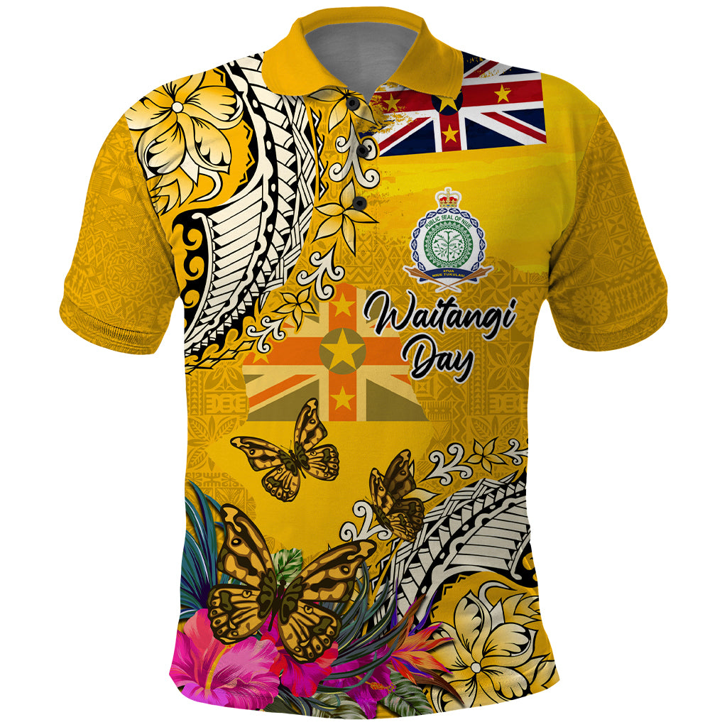 Niue Waitangi Polo Shirt Tropical Flower Tapa Pattern LT03 Yellow - Polynesian Pride