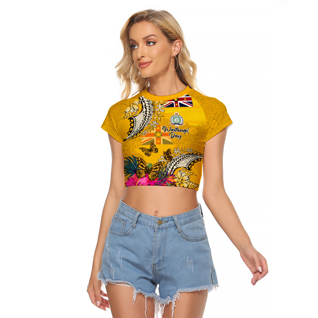 Niue Waitangi Raglan Cropped T Shirt Tropical Flower Tapa Pattern LT03 Female Yellow - Polynesian Pride