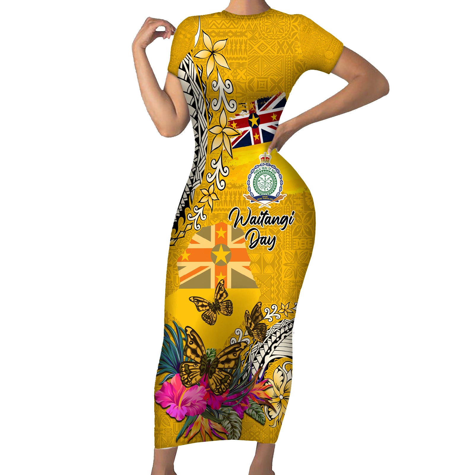 Niue Waitangi Short Sleeve Bodycon Dress Tropical Flower Tapa Pattern LT03 Long Dress Yellow - Polynesian Pride