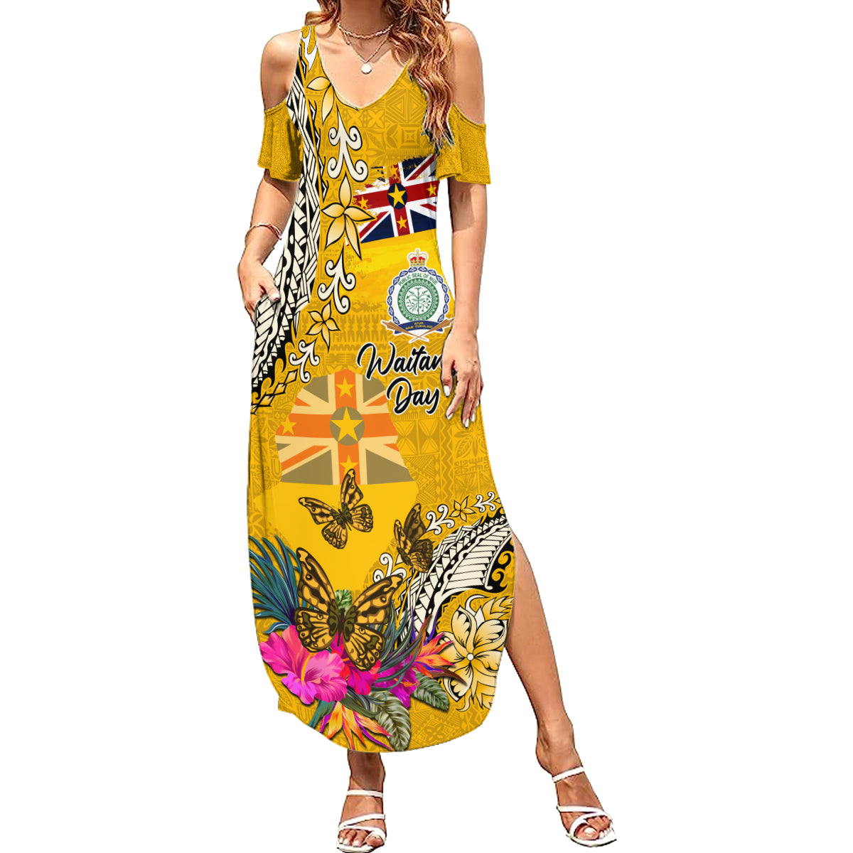 Niue Waitangi Summer Maxi Dress Tropical Flower Tapa Pattern LT03 Women Yellow - Polynesian Pride