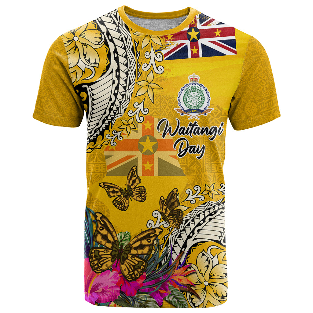 Niue Waitangi T Shirt Tropical Flower Tapa Pattern LT03 Yellow - Polynesian Pride