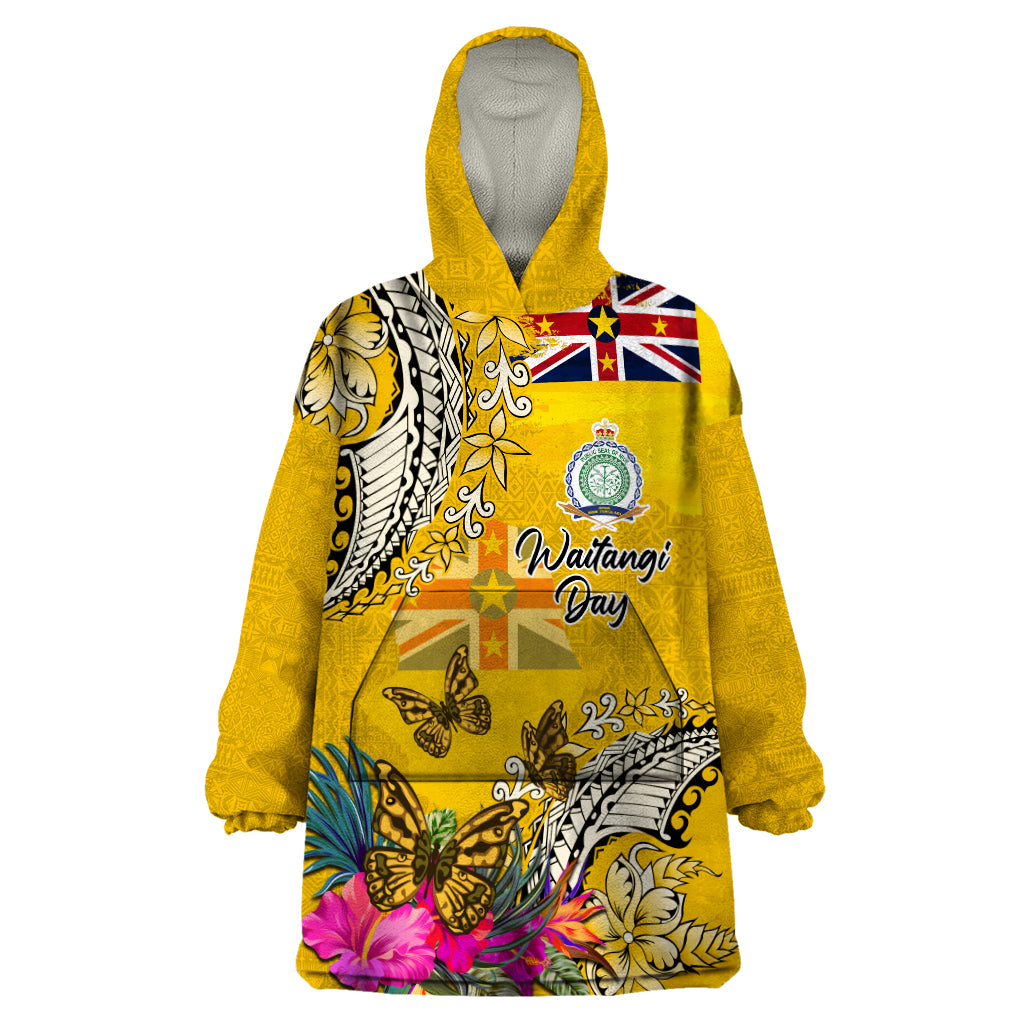 Niue Waitangi Wearable Blanket Hoodie Tropical Flower Tapa Pattern LT03 One Size Yellow - Polynesian Pride