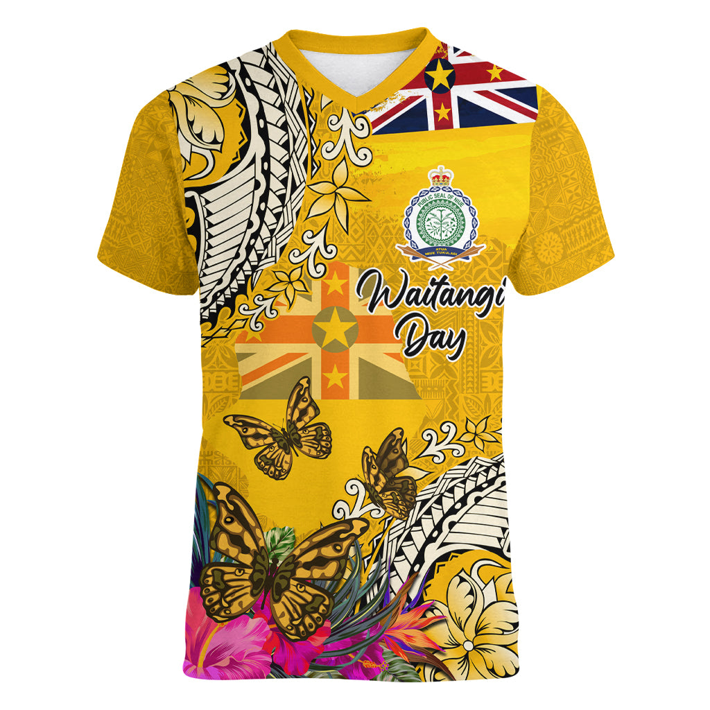 Niue Waitangi Women V Neck T Shirt Tropical Flower Tapa Pattern LT03 Female Yellow - Polynesian Pride