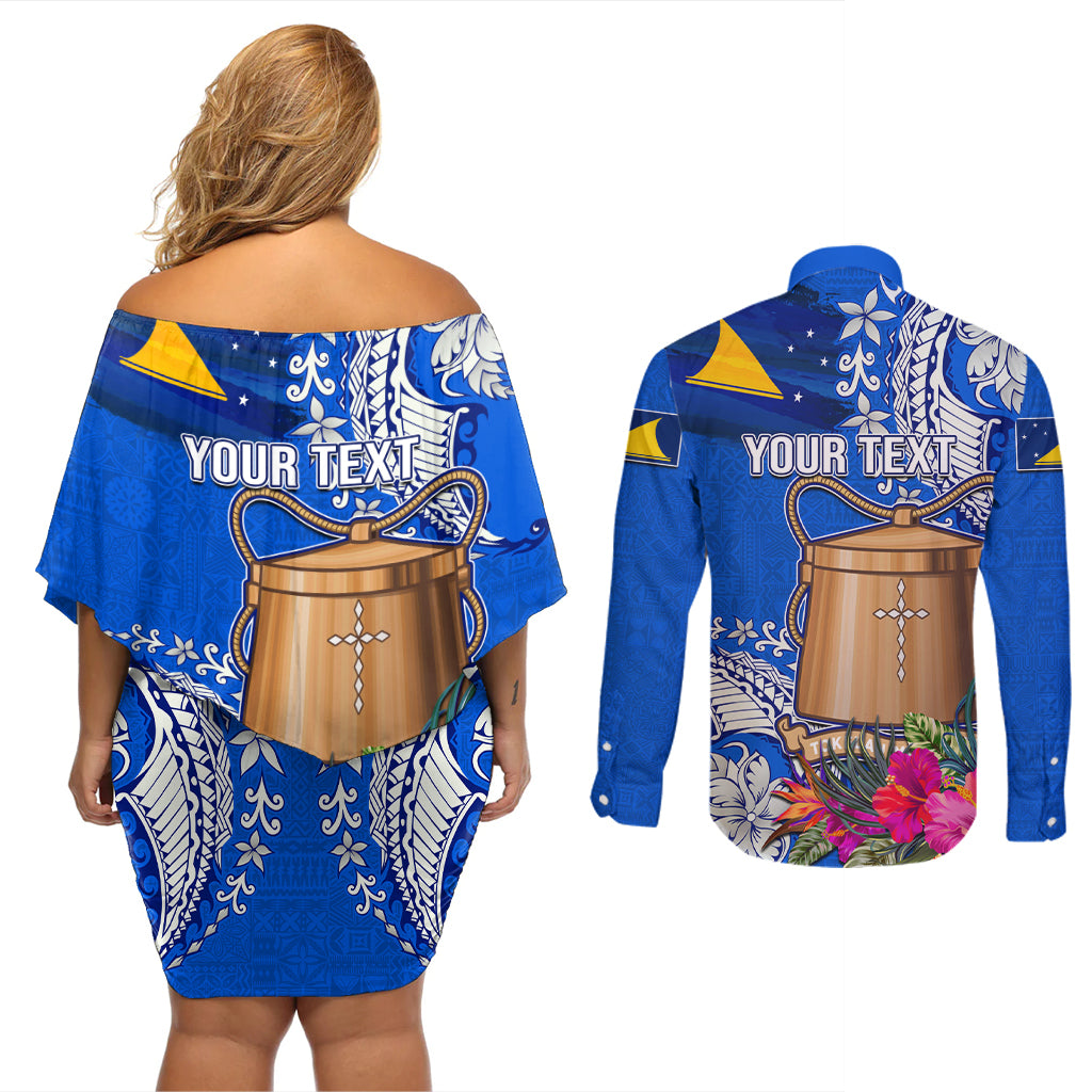 Tokelau Waitangi Couples Matching Off Shoulder Short Dress and Long Sleeve Button Shirt Tropical Flower Tapa Pattern LT03 - Polynesian Pride