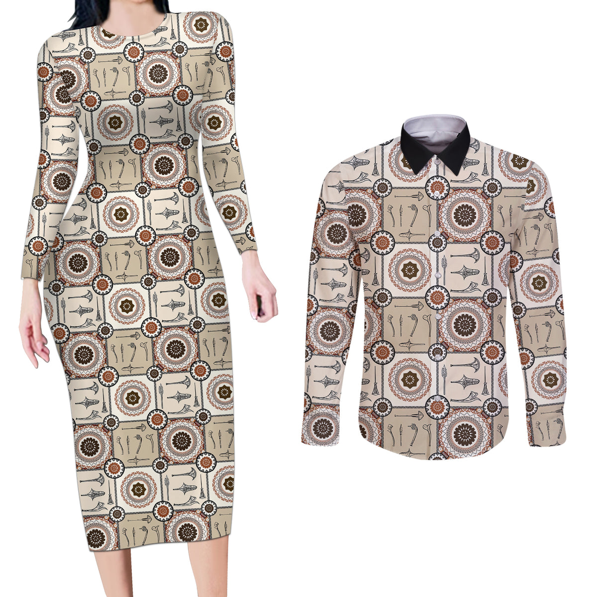 Tukenny Pattern Fijian War Clubs Couples Matching Long Sleeve Bodycon Dress and Long Sleeve Button Shirt LT03 Beige - Polynesian Pride