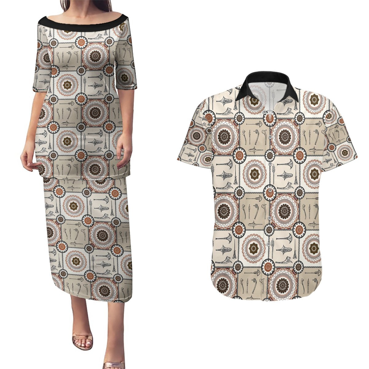 Tukenny Pattern Fijian War Clubs Couples Matching Puletasi and Hawaiian Shirt LT03 Beige - Polynesian Pride