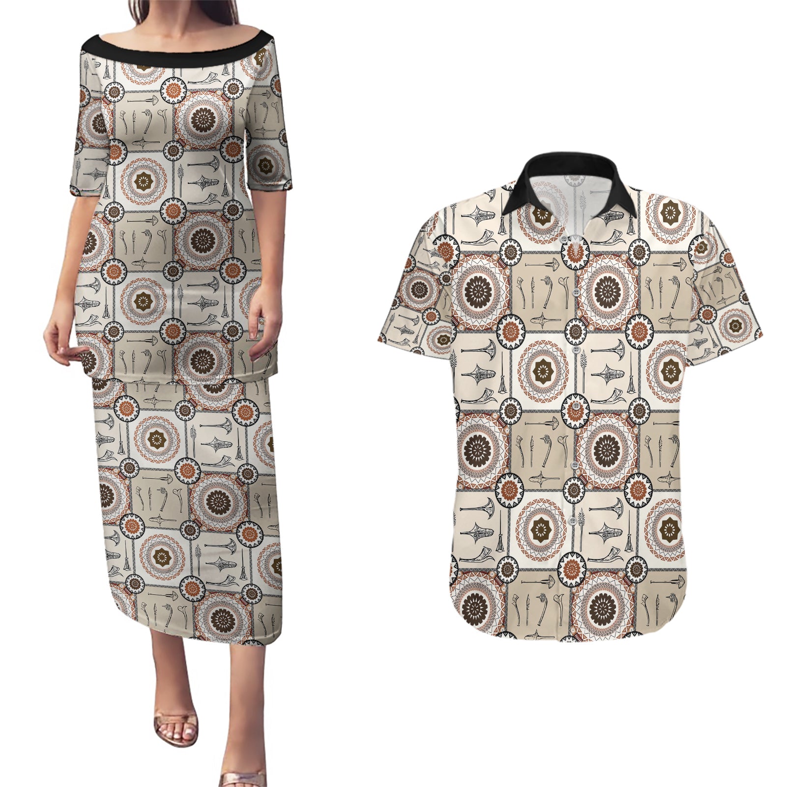 Tukenny Pattern Fijian War Clubs Couples Matching Puletasi and Hawaiian Shirt LT03 Beige - Polynesian Pride