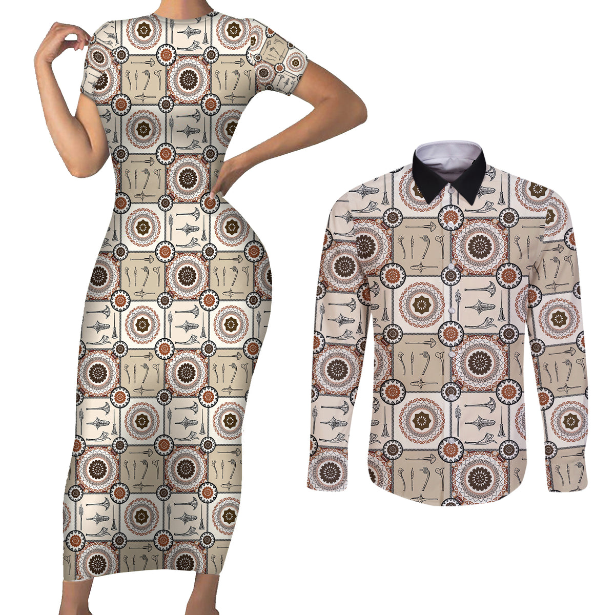 Tukenny Pattern Fijian War Clubs Couples Matching Short Sleeve Bodycon Dress and Long Sleeve Button Shirt LT03 Beige - Polynesian Pride
