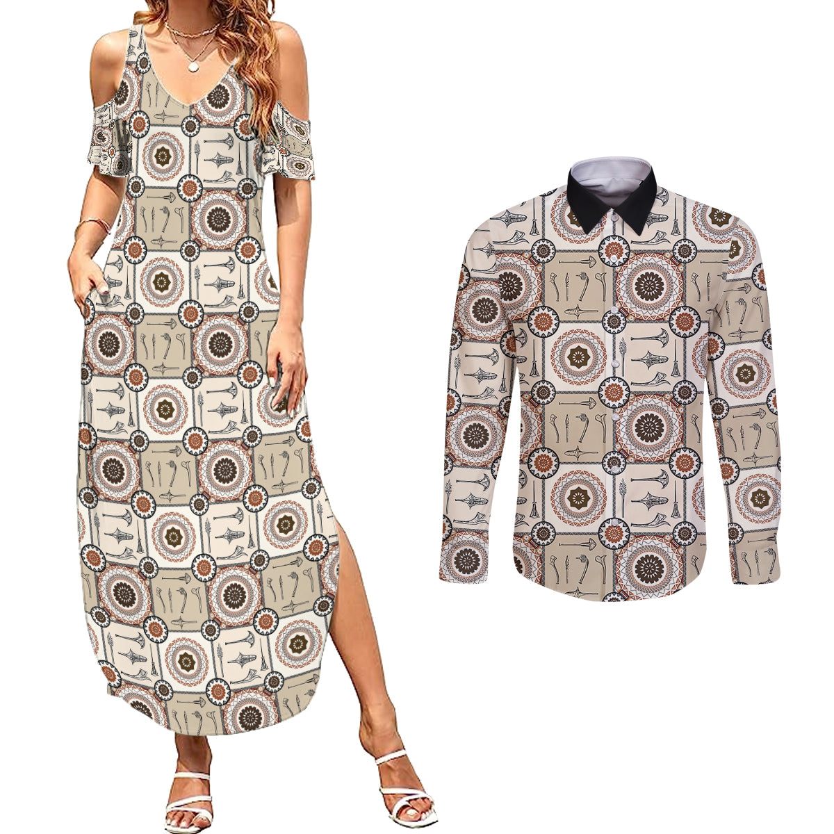 Tukenny Pattern Fijian War Clubs Couples Matching Summer Maxi Dress and Long Sleeve Button Shirt LT03 Beige - Polynesian Pride