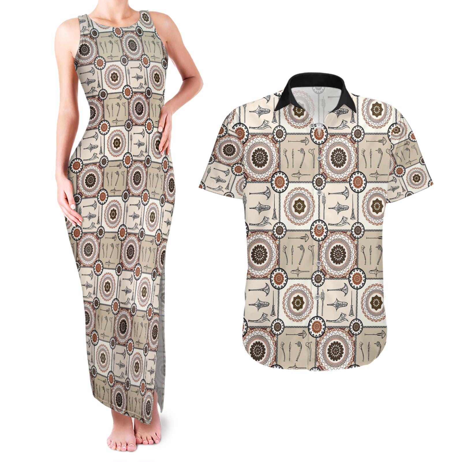 Tukenny Pattern Fijian War Clubs Couples Matching Tank Maxi Dress and Hawaiian Shirt LT03 Beige - Polynesian Pride