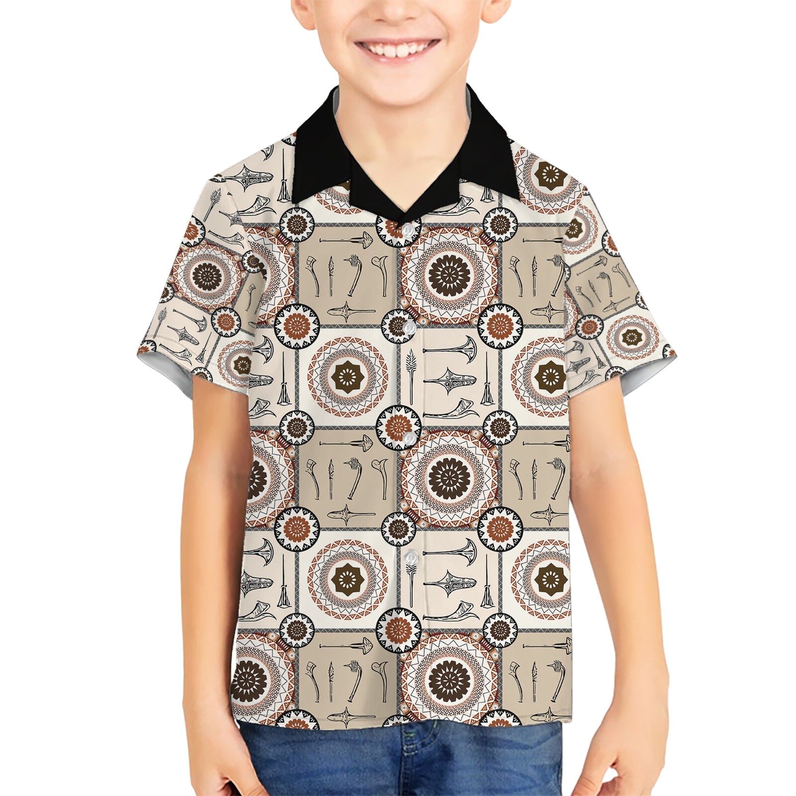 Tukenny Pattern Fijian War Clubs Kid Hawaiian Shirt LT03 Kid Beige - Polynesian Pride