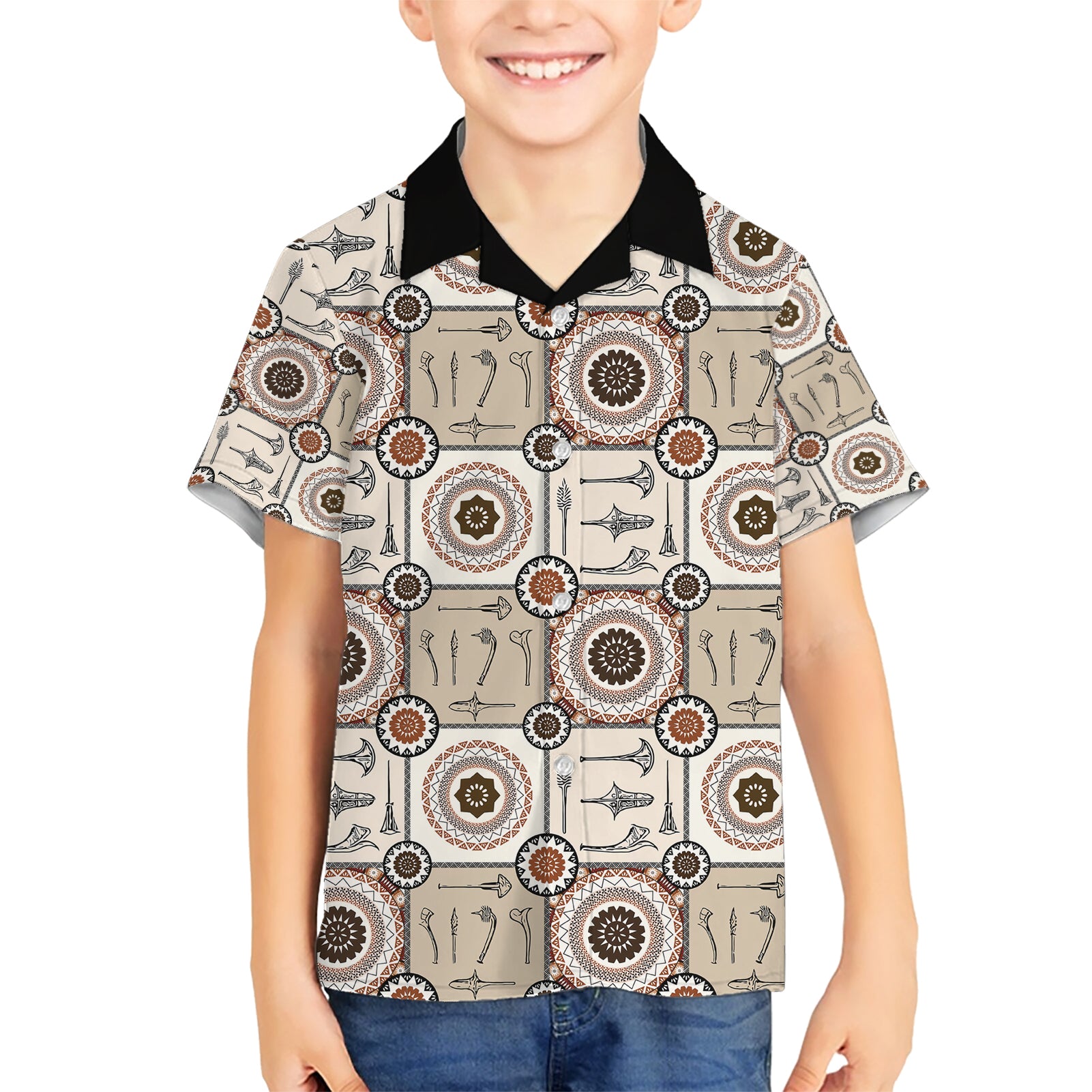 Tukenny Pattern Fijian War Clubs Kid Hawaiian Shirt LT03 Kid Beige - Polynesian Pride
