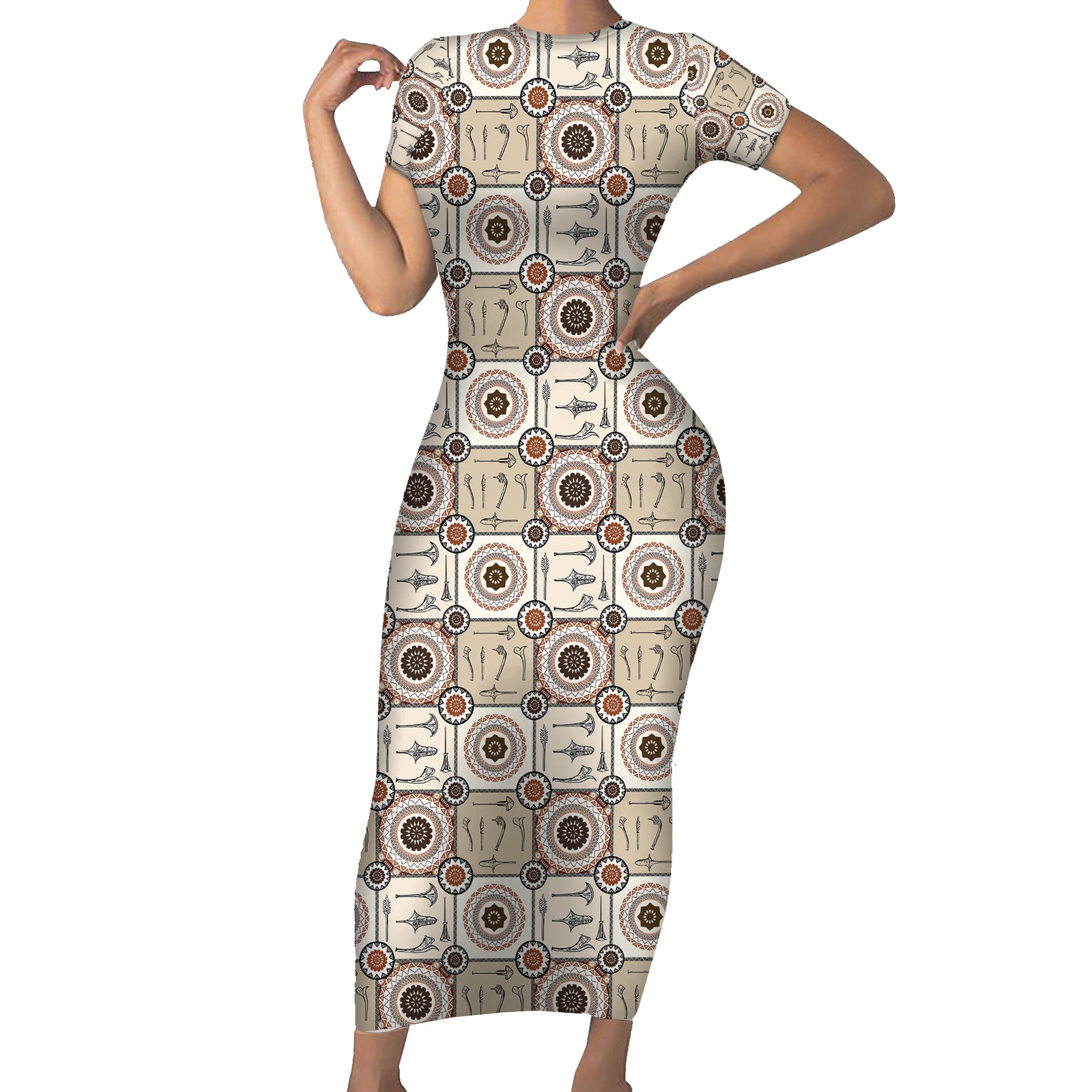 Tukenny Pattern Fijian War Clubs Short Sleeve Bodycon Dress LT03 Long Dress Beige - Polynesian Pride