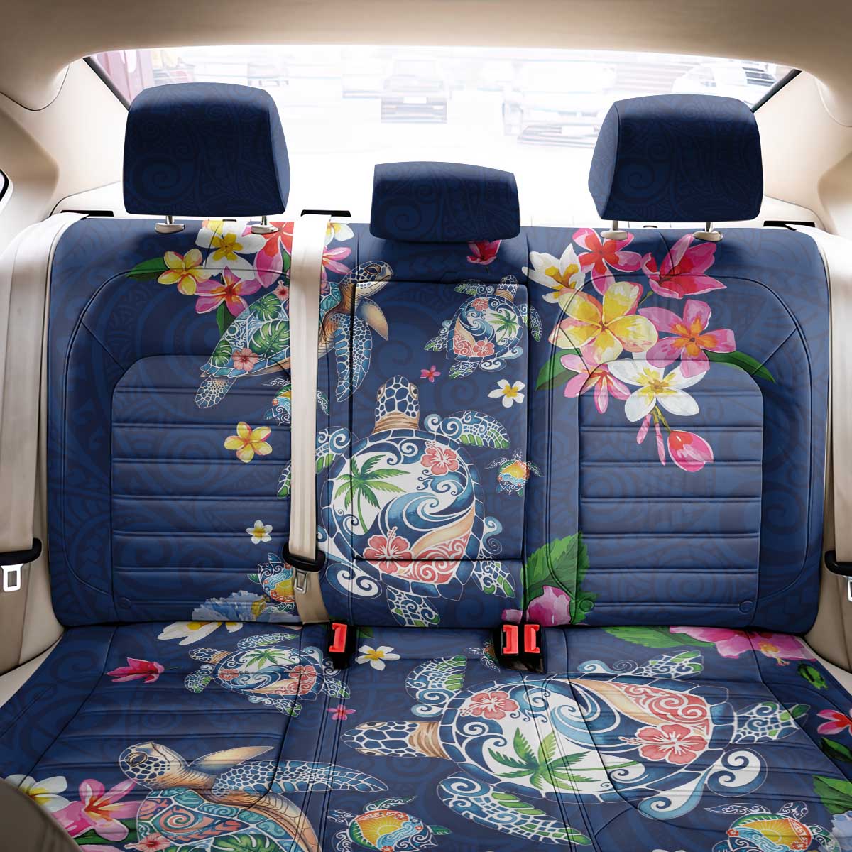 Hawaiian Turtles and Tropical Plants Back Car Seat Cover Blue Watercolor
