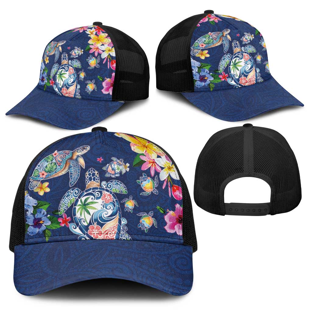 Hawaiian Turtles and Tropical Plants Baseball Net Cap Blue Watercolor