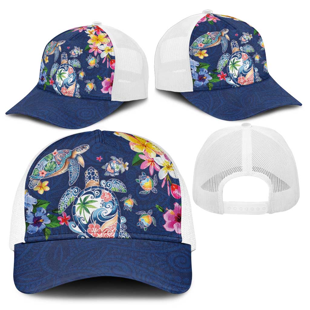 Hawaiian Turtles and Tropical Plants Baseball Net Cap Blue Watercolor