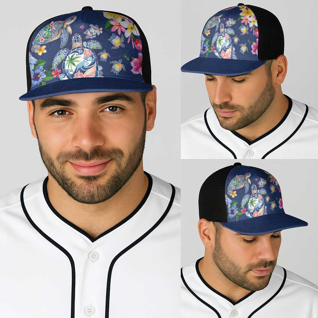 Hawaiian Turtles and Tropical Plants Baseball Net Cap Blue Watercolor