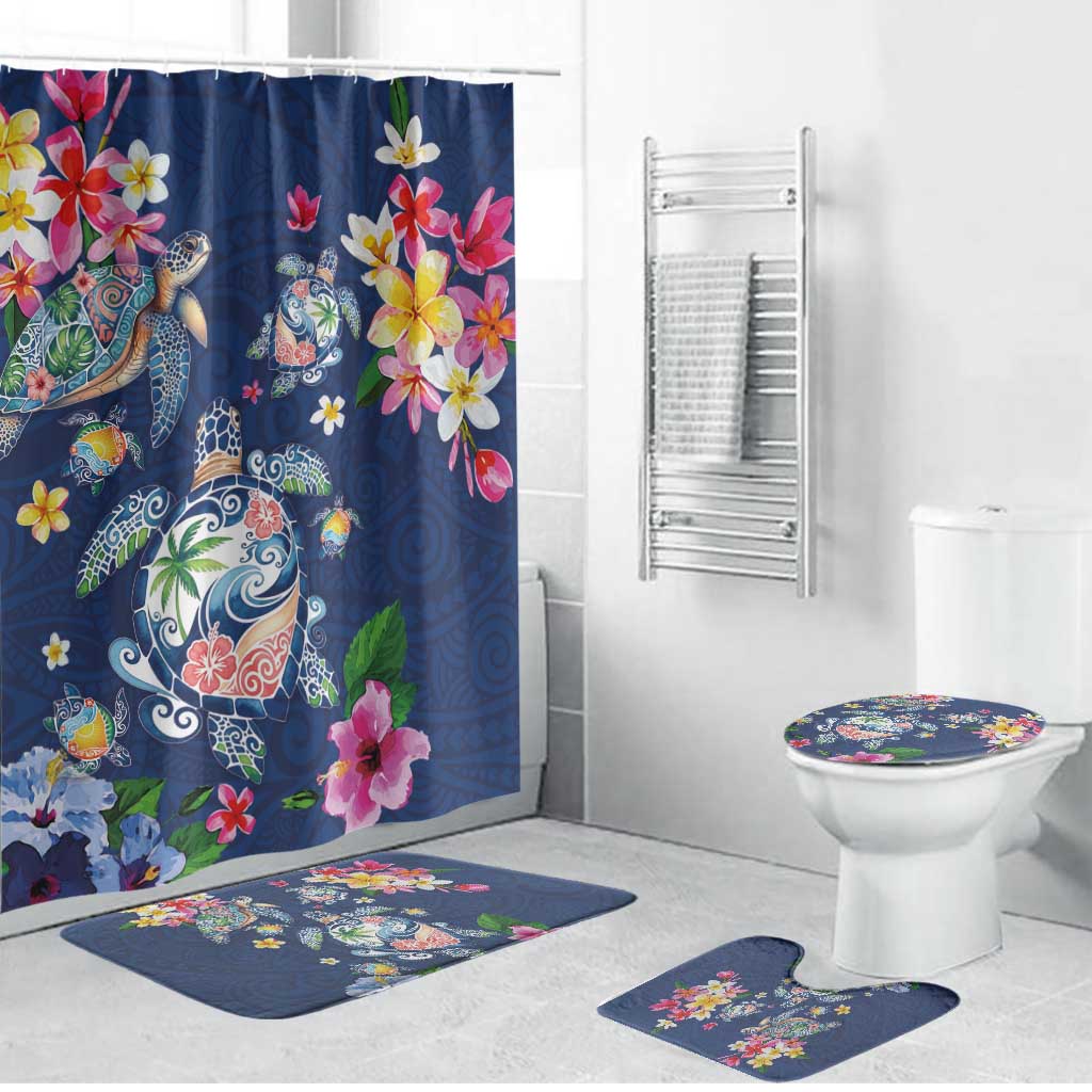 Hawaiian Turtles and Tropical Plants Bathroom Set Blue Watercolor