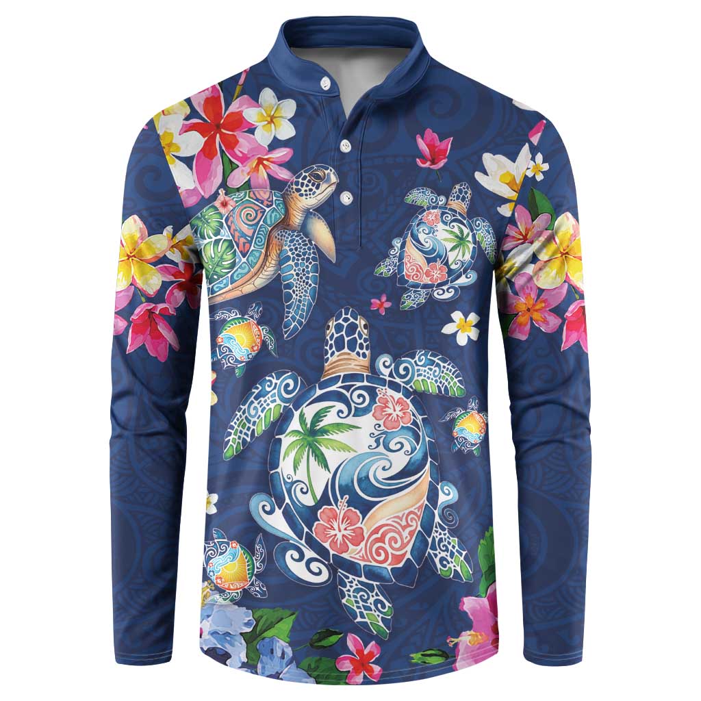 Hawaiian Turtles and Tropical Plants Button Sweatshirt Blue Watercolor
