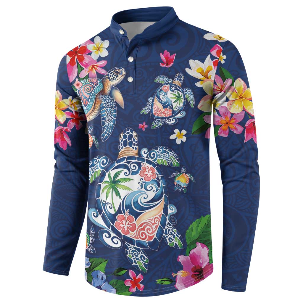 Hawaiian Turtles and Tropical Plants Button Sweatshirt Blue Watercolor