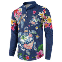 Hawaiian Turtles and Tropical Plants Button Sweatshirt Blue Watercolor
