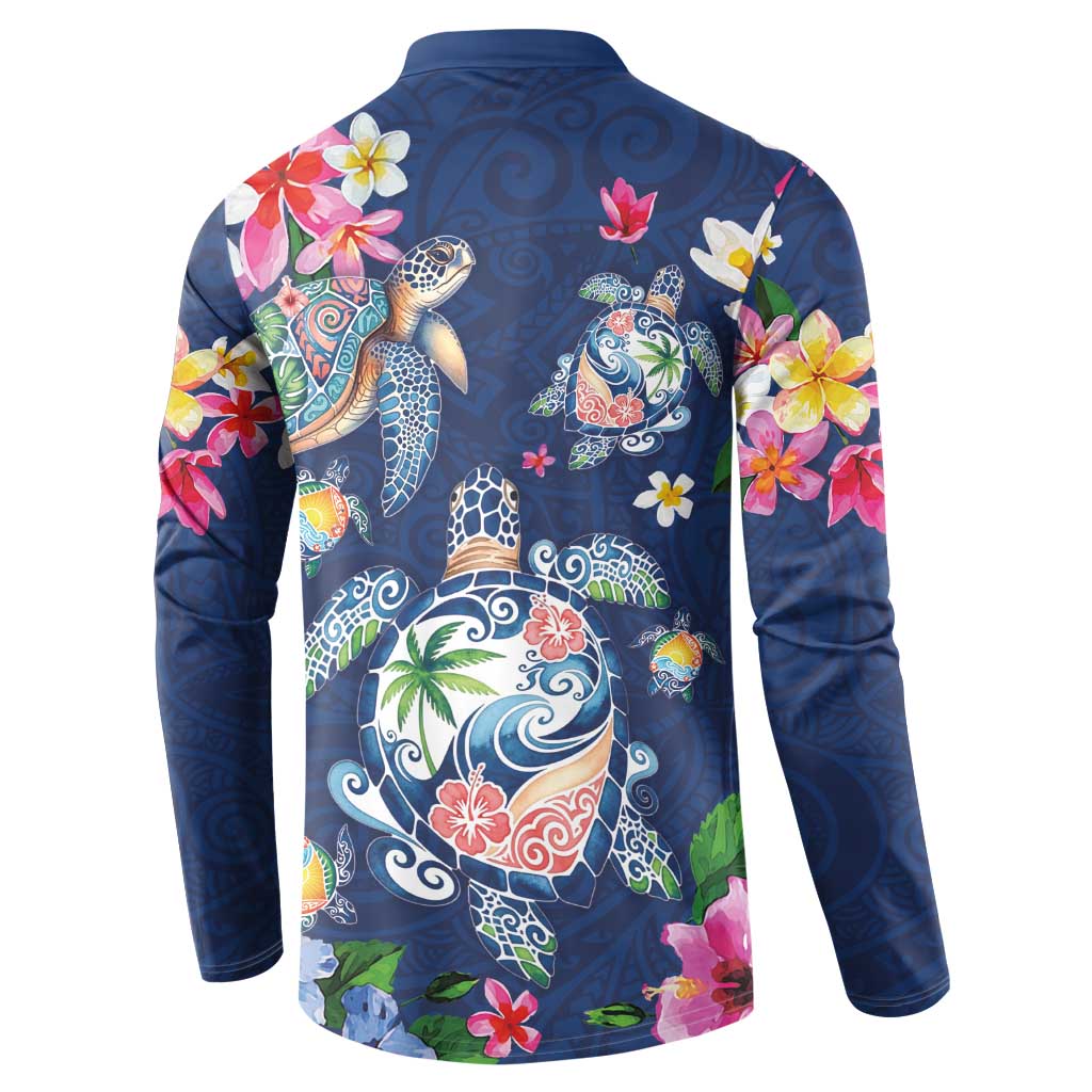 Hawaiian Turtles and Tropical Plants Button Sweatshirt Blue Watercolor