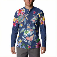 Hawaiian Turtles and Tropical Plants Button Sweatshirt Blue Watercolor