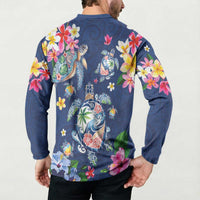 Hawaiian Turtles and Tropical Plants Button Sweatshirt Blue Watercolor
