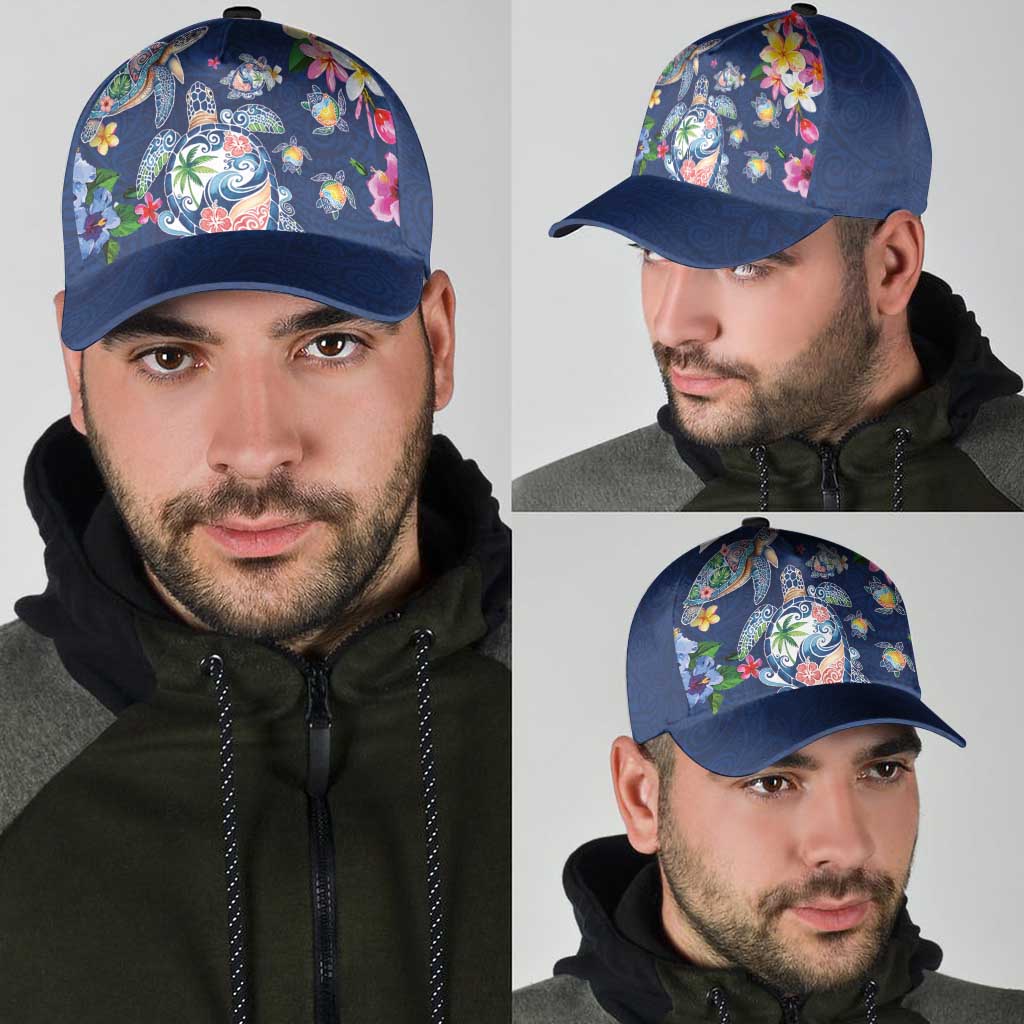 Hawaiian Turtles and Tropical Plants Classic Cap Blue Watercolor