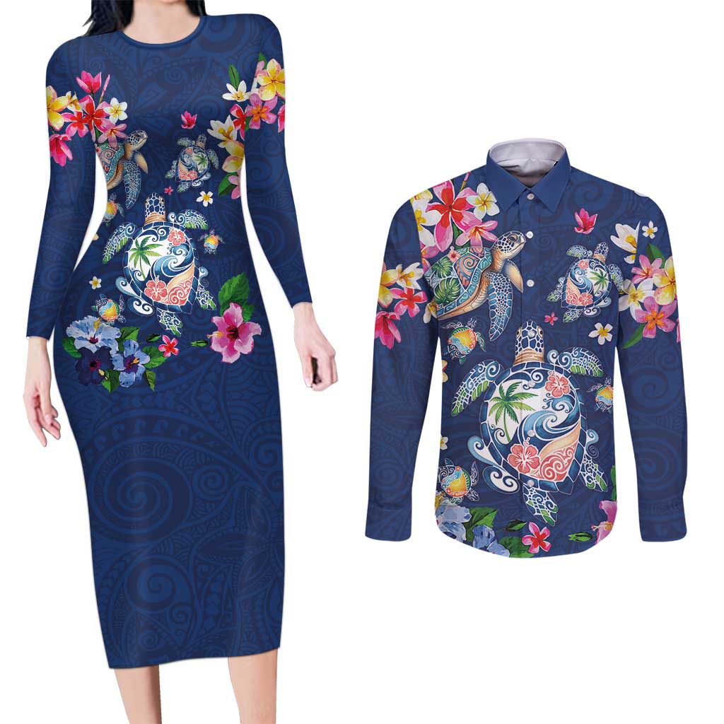 Hawaiian Turtles and Tropical Plants Couples Matching Long Sleeve Bodycon Dress and Long Sleeve Button Shirt Blue Watercolor LT03 Blue - Polynesian Pride