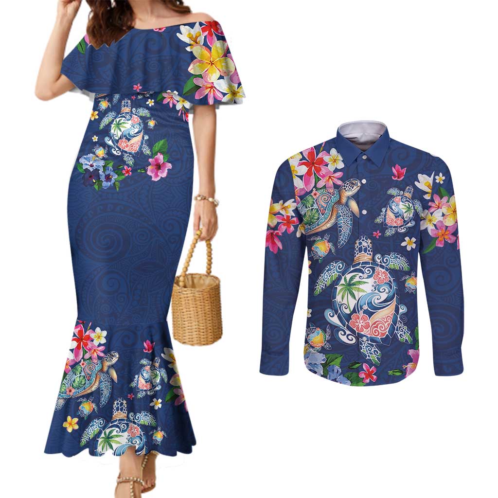 Hawaiian Turtles and Tropical Plants Couples Matching Mermaid Dress and Long Sleeve Button Shirt Blue Watercolor