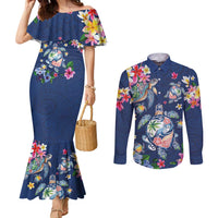 Hawaiian Turtles and Tropical Plants Couples Matching Mermaid Dress and Long Sleeve Button Shirt Blue Watercolor