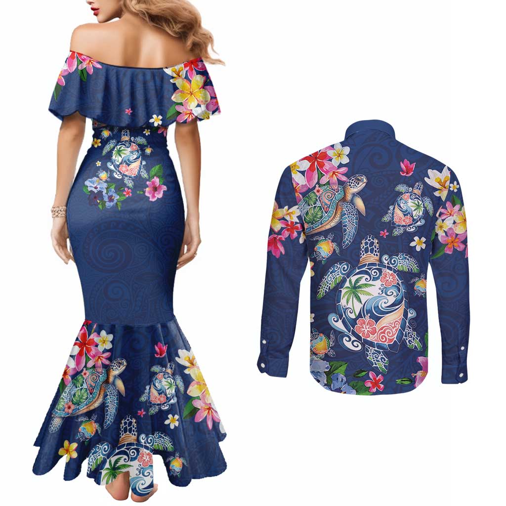 Hawaiian Turtles and Tropical Plants Couples Matching Mermaid Dress and Long Sleeve Button Shirt Blue Watercolor