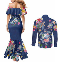 Hawaiian Turtles and Tropical Plants Couples Matching Mermaid Dress and Long Sleeve Button Shirt Blue Watercolor