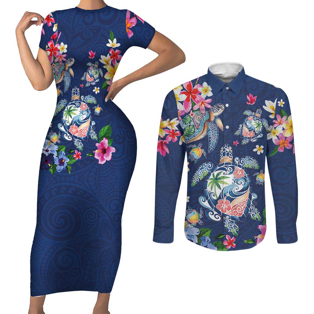 Hawaiian Turtles and Tropical Plants Couples Matching Short Sleeve Bodycon Dress and Long Sleeve Button Shirt Blue Watercolor
