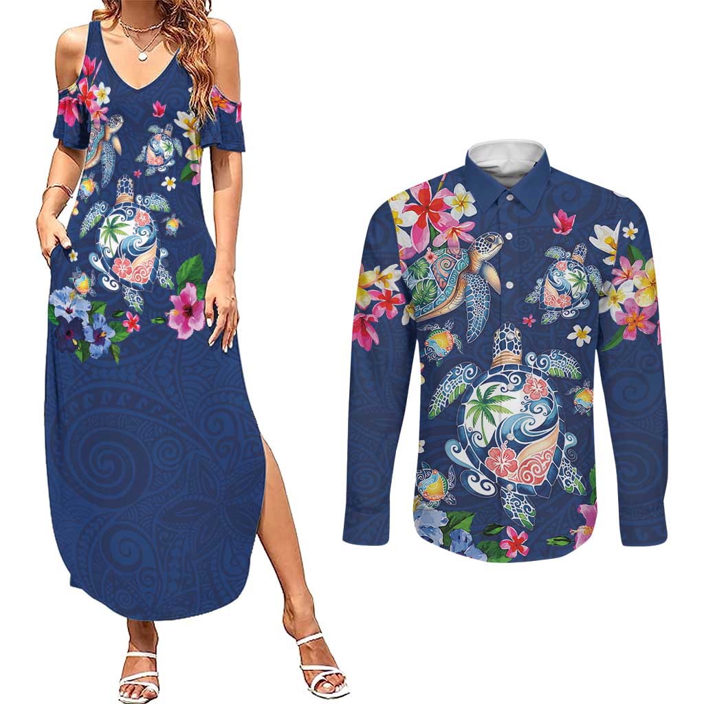 Hawaiian Turtles and Tropical Plants Couples Matching Summer Maxi Dress and Long Sleeve Button Shirt Blue Watercolor LT03 Blue - Polynesian Pride