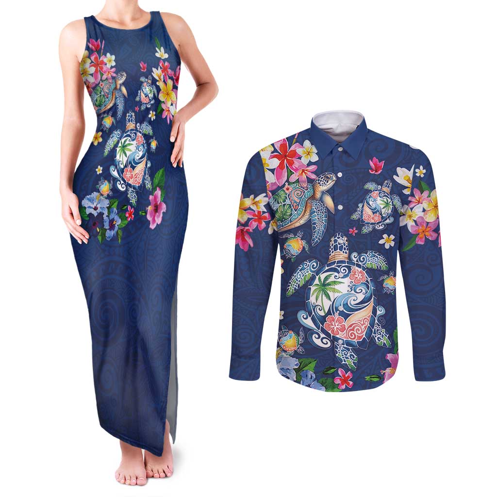 Hawaiian Turtles and Tropical Plants Couples Matching Tank Maxi Dress and Long Sleeve Button Shirt Blue Watercolor
