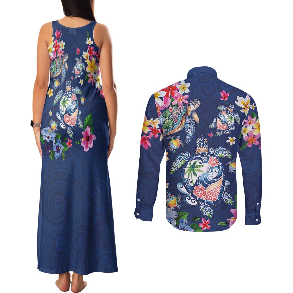 Hawaiian Turtles and Tropical Plants Couples Matching Tank Maxi Dress and Long Sleeve Button Shirt Blue Watercolor