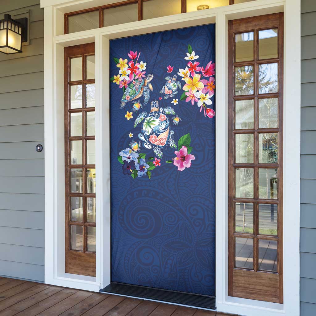 Hawaiian Turtles and Tropical Plants Door Cover Blue Watercolor