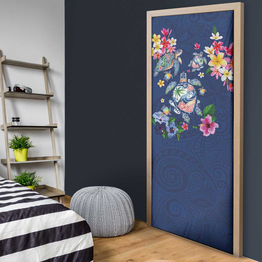 Hawaiian Turtles and Tropical Plants Door Cover Blue Watercolor